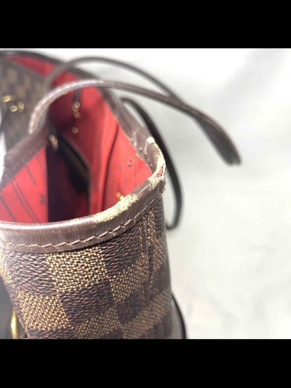Louis Vuitton Brown Checkered Tote with Red Interior Trim